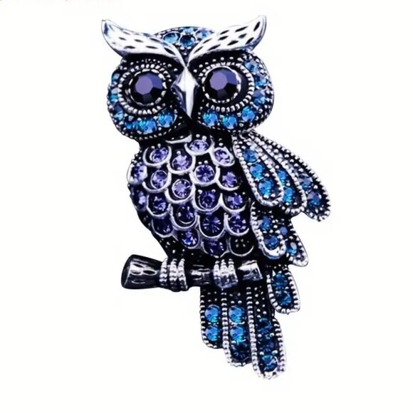 Owl Brooch Blue Rhinestone Pin SIlver Bird Gems Eyes Hoot Hollywood Glam Sparkle - Picture 4 of 5